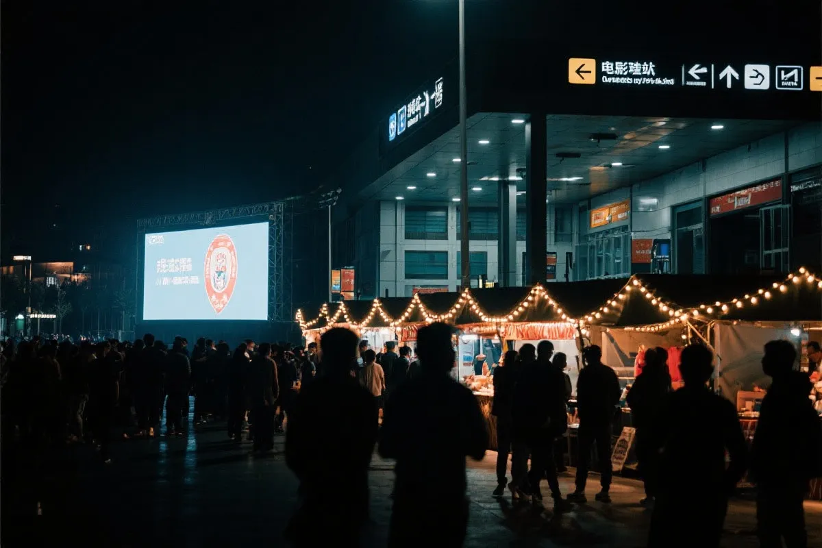 费城球迷广场夜景：大屏观赛人群、步行指示牌与公共交通入口